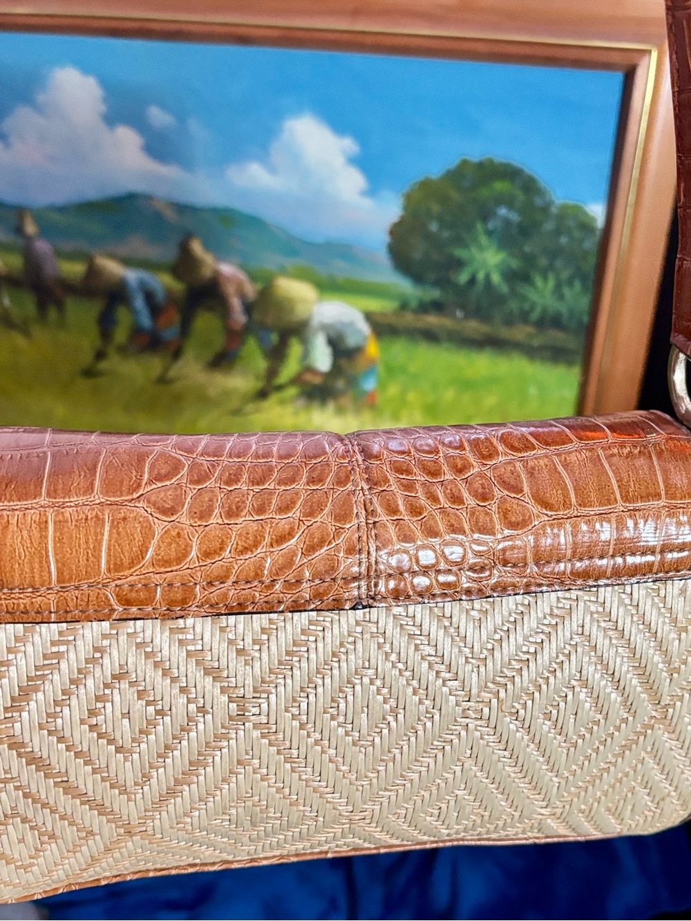 Liz Claiborne 90s Y2K Cognac Croc-Embossed and Woven Straw Shoulder Bag - Picture 4 of 16